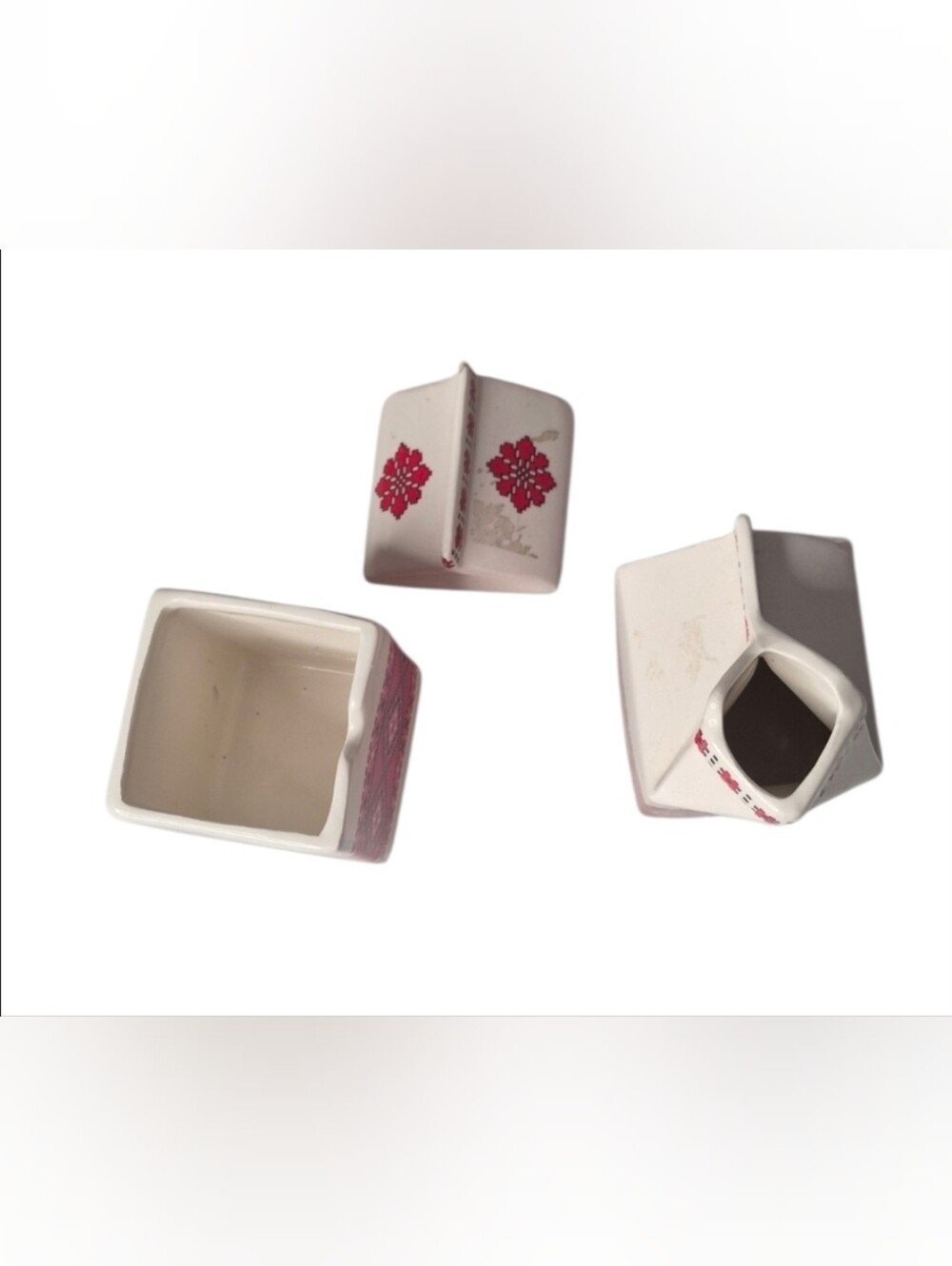 Ceramic White and Red Floral Toothbrush Holder Set 1982
